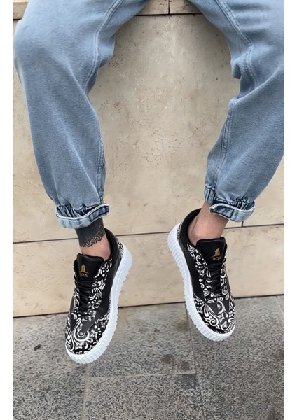 BA0802 Boa Gotik Desenli Siyah Beyaz Yüksek Taban Erkek Günlük Ayakkabı fırsatları