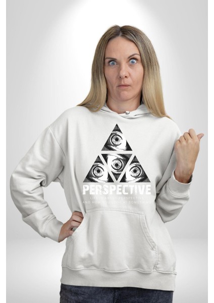 Perspektif Gözler ve Üçgen Kadın Erkek Baskılı Üç Iplik Beyaz Kapüşonlu Hodie Sweatshirt