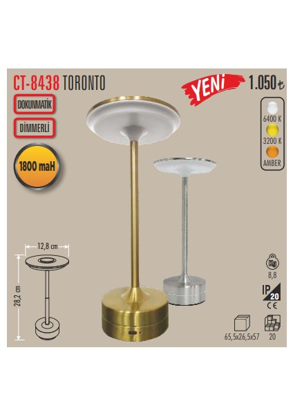 CT-8438 Toronto Şarjlı 3 Renk Dokunmatik Dimmerli Masa Lambası Gold - Silver