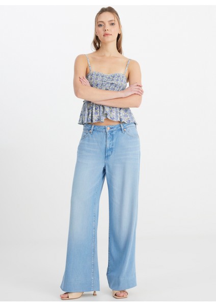 Yüksek Bel Geniş Paça Geniş Fit Mavi Kadın Denim Pantolon W2HD205280F09-WORLD Wide Jean Panto