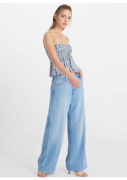 Yüksek Bel Geniş Paça Geniş Fit Mavi Kadın Denim Pantolon W2HD205280F09-WORLD Wide Jean Panto