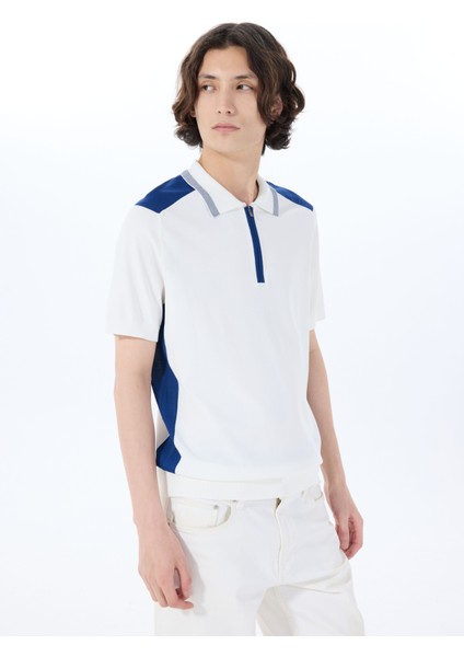 Polo Yaka Relaxed Blok Desenli Ekru - Lacivert Erkek Kazak J5SM-KZK7209