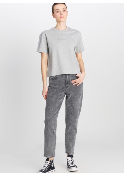 Bisiklet Yaka Gri Melanj Kadın T-Shirt W251030536-RELAXED Fit Mid Logo T-S