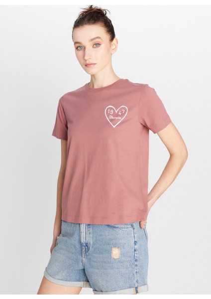 Bisiklet Yaka Gül Kurusu Kadın T-Shirt W2510732522-REGULAR Fit Grafik Logo modelleri