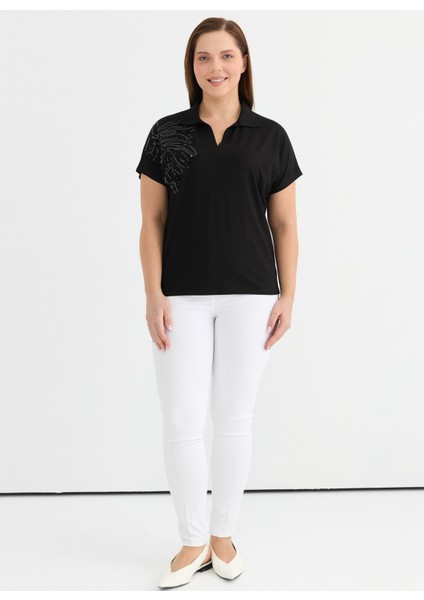 Gömlek Yaka Payetli Siyah Kadın Bluz 25YSL8076-BB