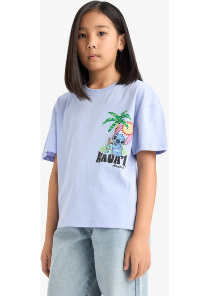 Kız Çocuk Disney Lilo & Stitch Bisiklet Yaka Sırt Baskılı Kısa Kollu Tişört E6508A825HS modelleri