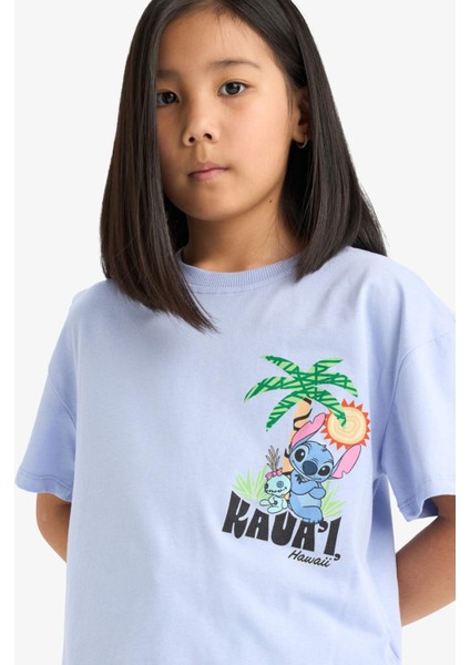 Kız Çocuk Disney Lilo & Stitch Bisiklet Yaka Sırt Baskılı Kısa Kollu Tişört E6508A825HS fırsatları