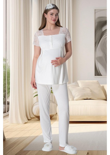 Mecit 6010 Ekru Dantelli Hamile Lohusa Pijama Takımı
