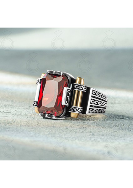 Gümüş Oktagon Kesim Kırmızı Zirkon Taşlı Erkek Yüzük