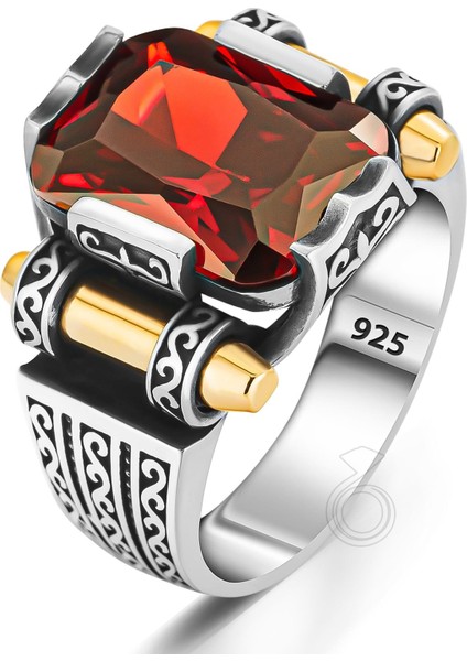 Gümüş Oktagon Kesim Kırmızı Zirkon Taşlı Erkek Yüzük fiyatları