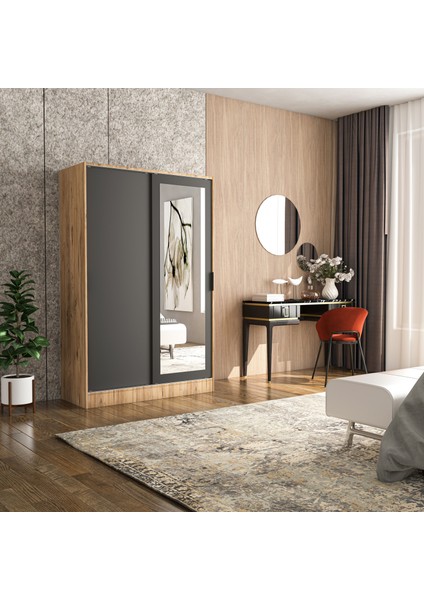 Berceste Antrasit Atlantik Çam 2 Sürgü Kapaklı Aynalı 8 Bölmeli Dolap Gardırop modelleri