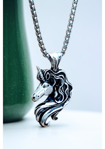 Gümüş Kaplama Krom-Çelik Erkek Kolye Madalyon Boynuzlu At Unicorn