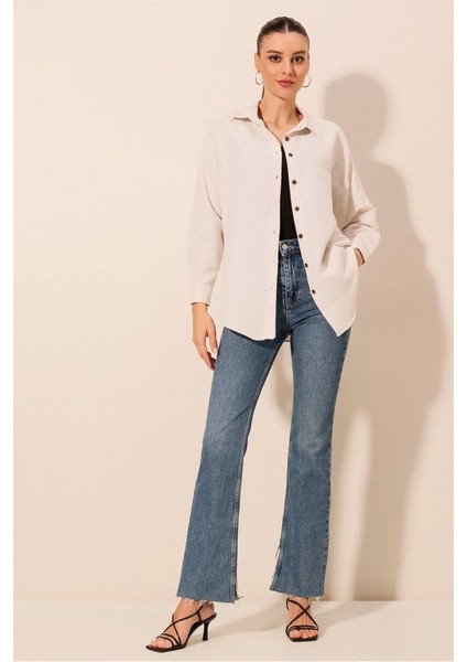 Krem Düz Oversize Uzun Basic Gömlek 3900