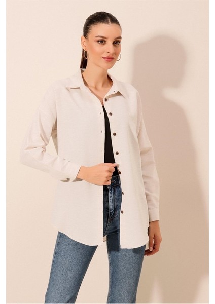 Krem Düz Oversize Uzun Basic Gömlek 3900