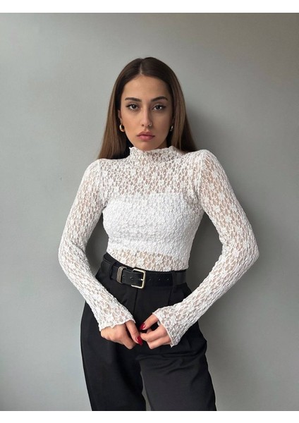 Kadın Likralı Dantel Transparan Uzun Kol Crop Bluz