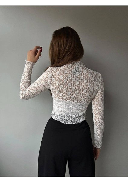 Kadın Likralı Dantel Transparan Uzun Kol Crop Bluz