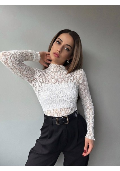 Kadın Likralı Dantel Transparan Uzun Kol Crop Bluz