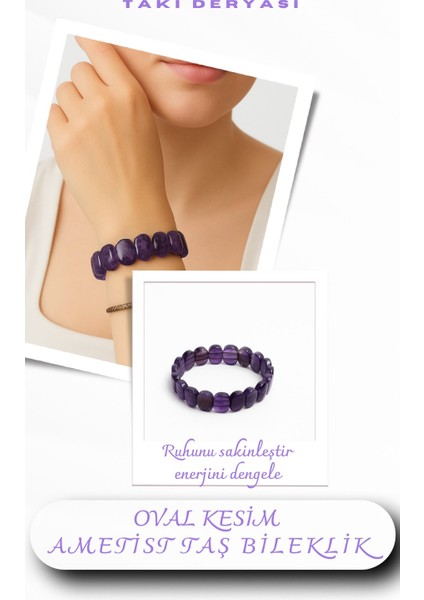 Bayan Oval Kesim Ametist Taş Bileklik 22 cm Mor Renk 29 gr Hediye Için Şık Seçim