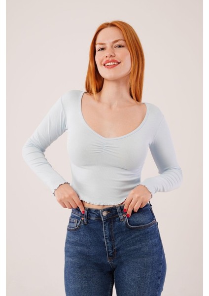 Geniş Yaka Bebe Mavisi Basic Body Bluz