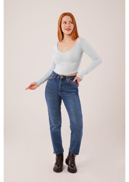 Geniş Yaka Bebe Mavisi Basic Body Bluz