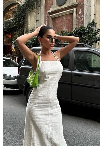 Trisha Sırt Dekolteli Keten Elbise 2496-20 Elbise