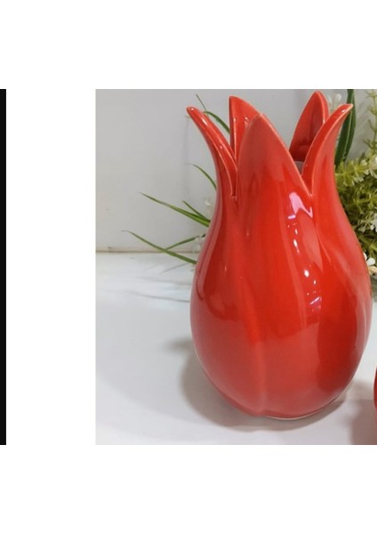 Lale Kırmızı Vazo Seramik Büyük Boy 14X8CM Şık Tarz Parlak Hediyelik Dekoratif Çiçeklik 1 Adet