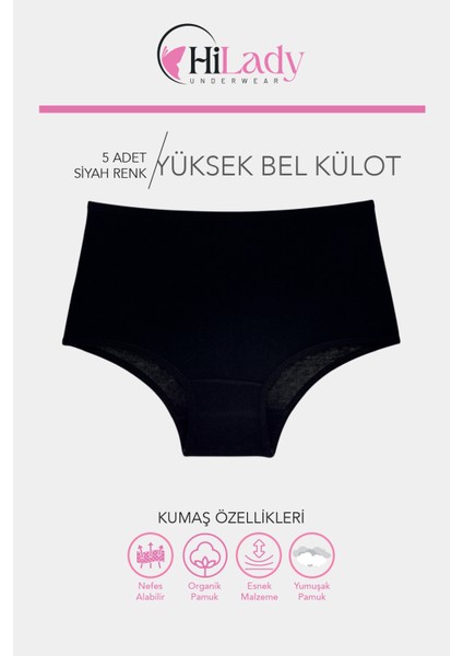 Kadın Külot Yüksek Bel Siyah Pamuklu Yumuşak Esnek Kumaş 5'li Paket fiyatları