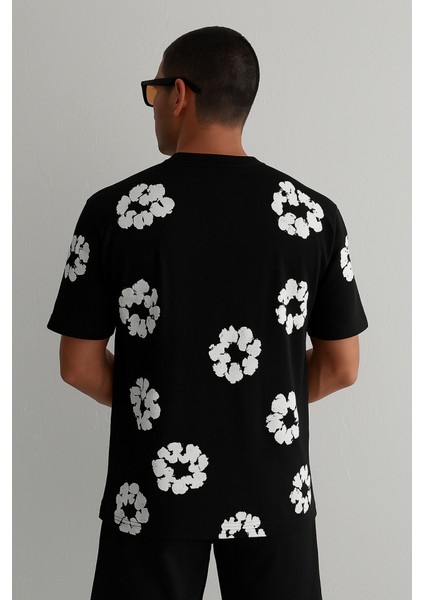 Ön ve Arka Baskılı Oversize Bisiklet Yaka T-Shirt- Siyah