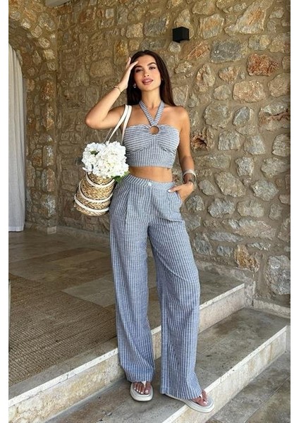 Vesna Keten Çizgili Crop Takım 9806-0025