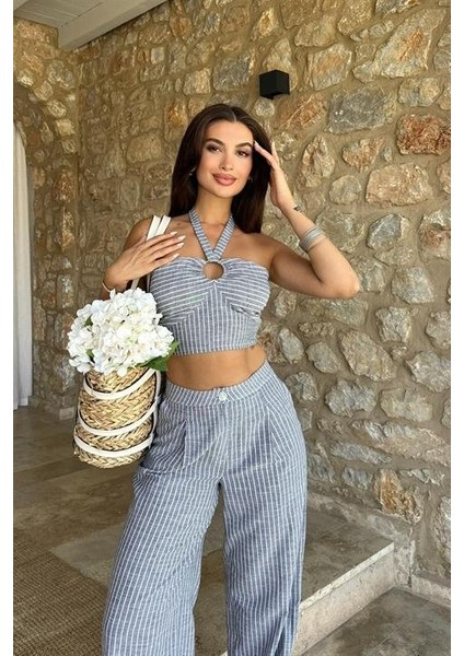 Vesna Keten Çizgili Crop Takım 9806-0025
