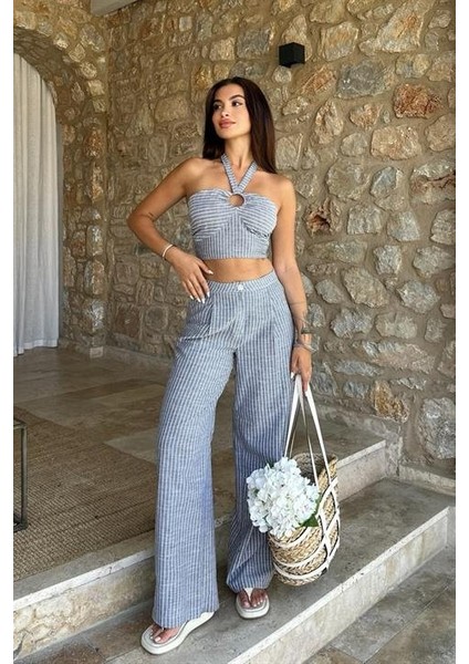 Vesna Keten Çizgili Crop Takım 9806-0025