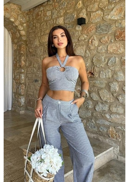 Vesna Keten Çizgili Crop Takım 9806-0025