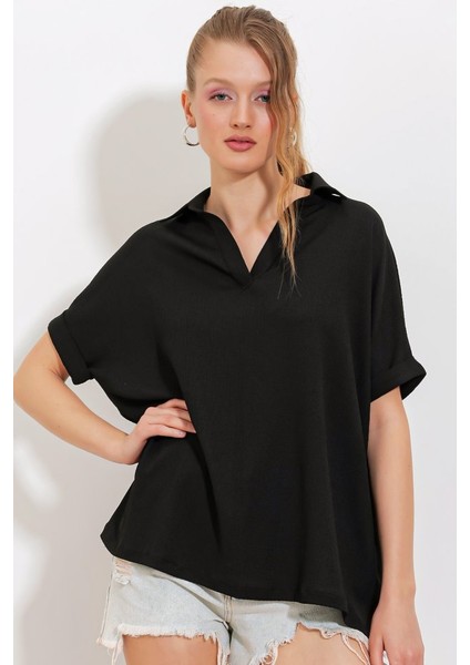 Siyah Oversize Polo Yaka Örme Bluz 0486