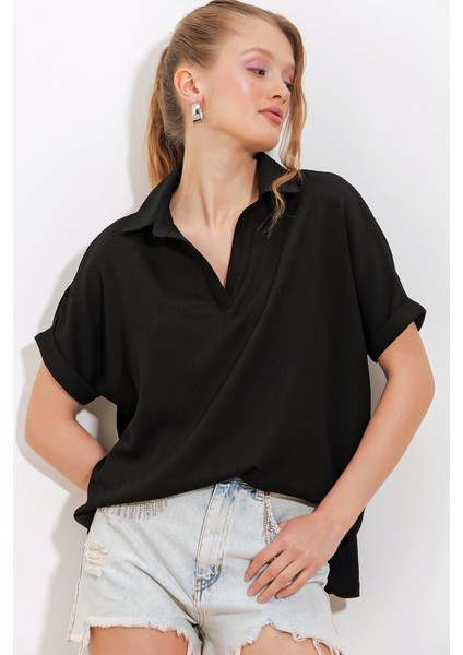 Siyah Oversize Polo Yaka Örme Bluz 0486