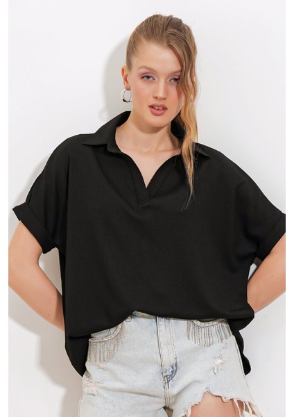 Siyah Oversize Polo Yaka Örme Bluz 0486