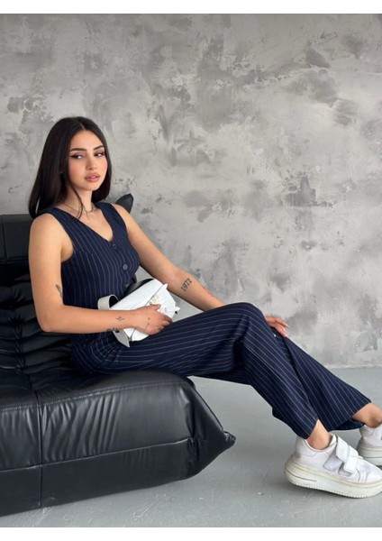 Kadın Palozzo Çizgili Yelekli Takım