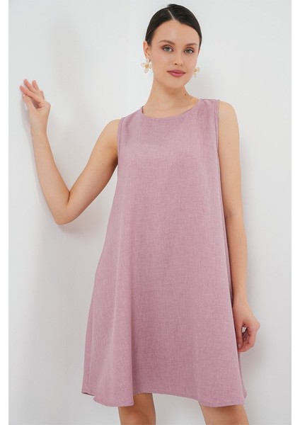 2444 Mini Keten Elbise - Pembe