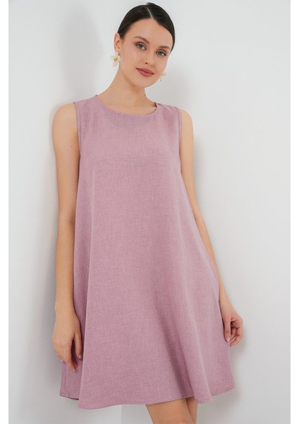 2444 Mini Keten Elbise - Pembe