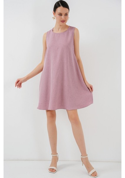 2444 Mini Keten Elbise - Pembe