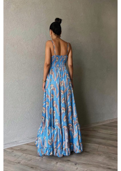 Kadın Mavi Etnik Desen Askılı Fırfırlı Bağcıklı Elbise fırsatları