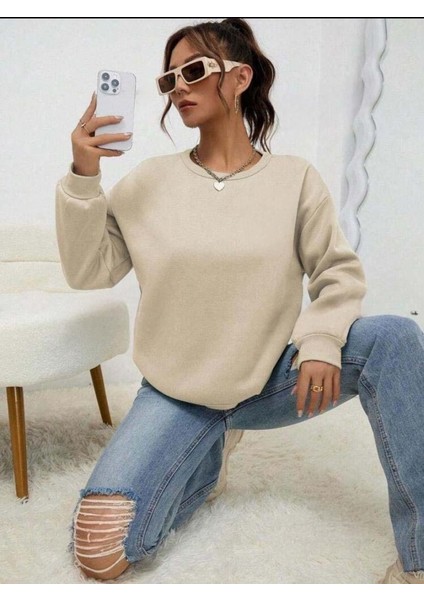 Kadın Uzun Kollu Bisiklet Yaka Şardonlu Üç Iplik Kumaş Sweat