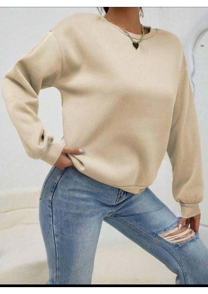 Kadın Uzun Kollu Bisiklet Yaka Şardonlu Üç Iplik Kumaş Sweat