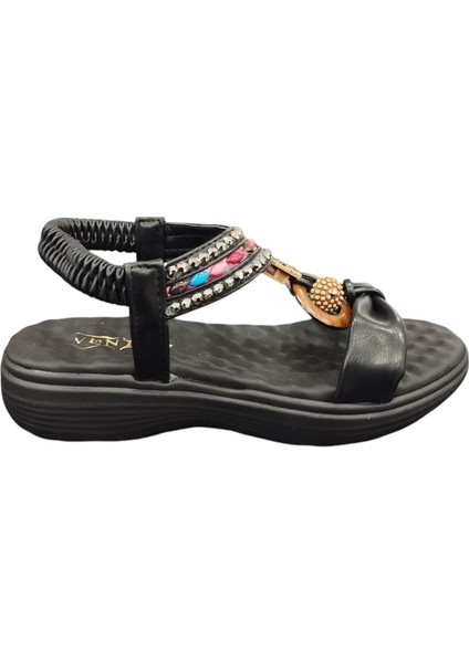 67908Z Bilekten Lastikli Ortopedik Taş Işlemeli 4cm Topuk Boyu Günlük Kadın Şık Sandalet