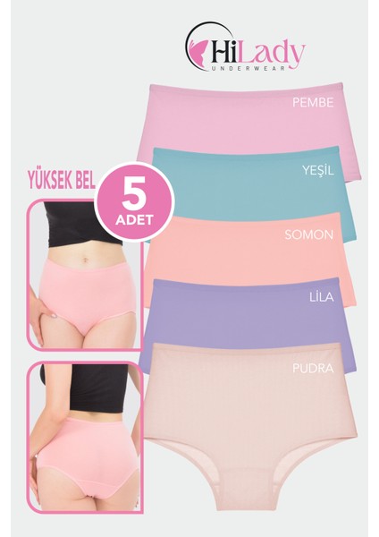 Kadın Külot, Yüksek Bel Külot, 5'li Paket Likralı Esnek Pamuklu, Soft Renkler