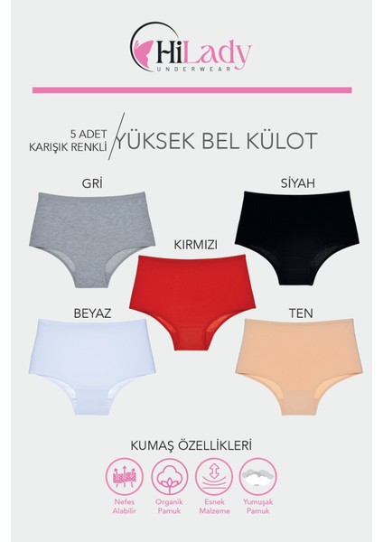 Kadın Külot 5'li Paket Yüksek Bel Külot Kırmızı Siyah Beyaz Ten Gri Yumuşak Esnek Kumaş fiyatları