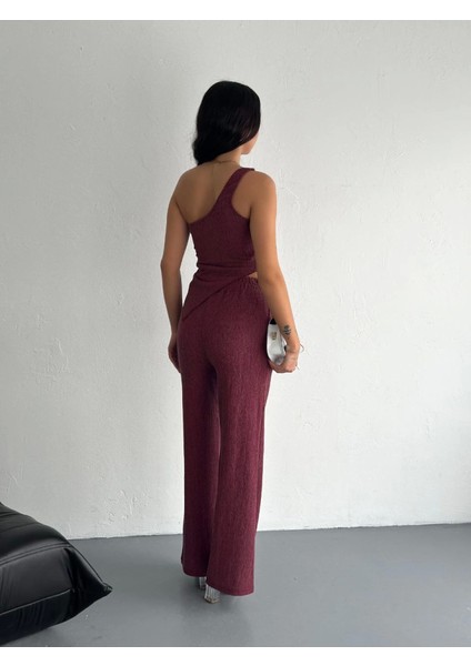 Asimetrik Crop Pantalon Ikili Takım - Gül Kurusu