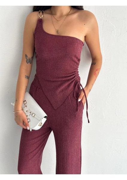 Asimetrik Crop Pantalon Ikili Takım - Gül Kurusu