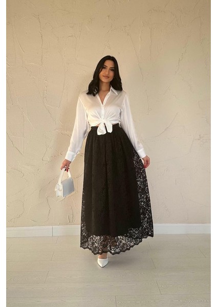 Siyah Dantelli Uzun Etek