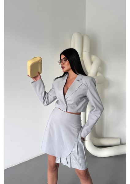 Polyviskon Crop Ceket - Ekose Pile Detaylı Etek Takım - Gri