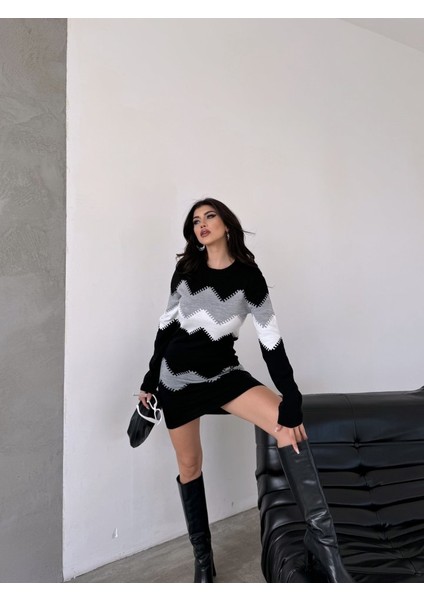 Kadın Uzun Kollu Zigzag Desen Triko Elbise